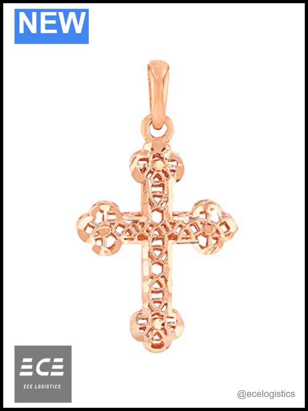 14k Rose Gold Textured Filigree Orthodox Cross Charm Pendant